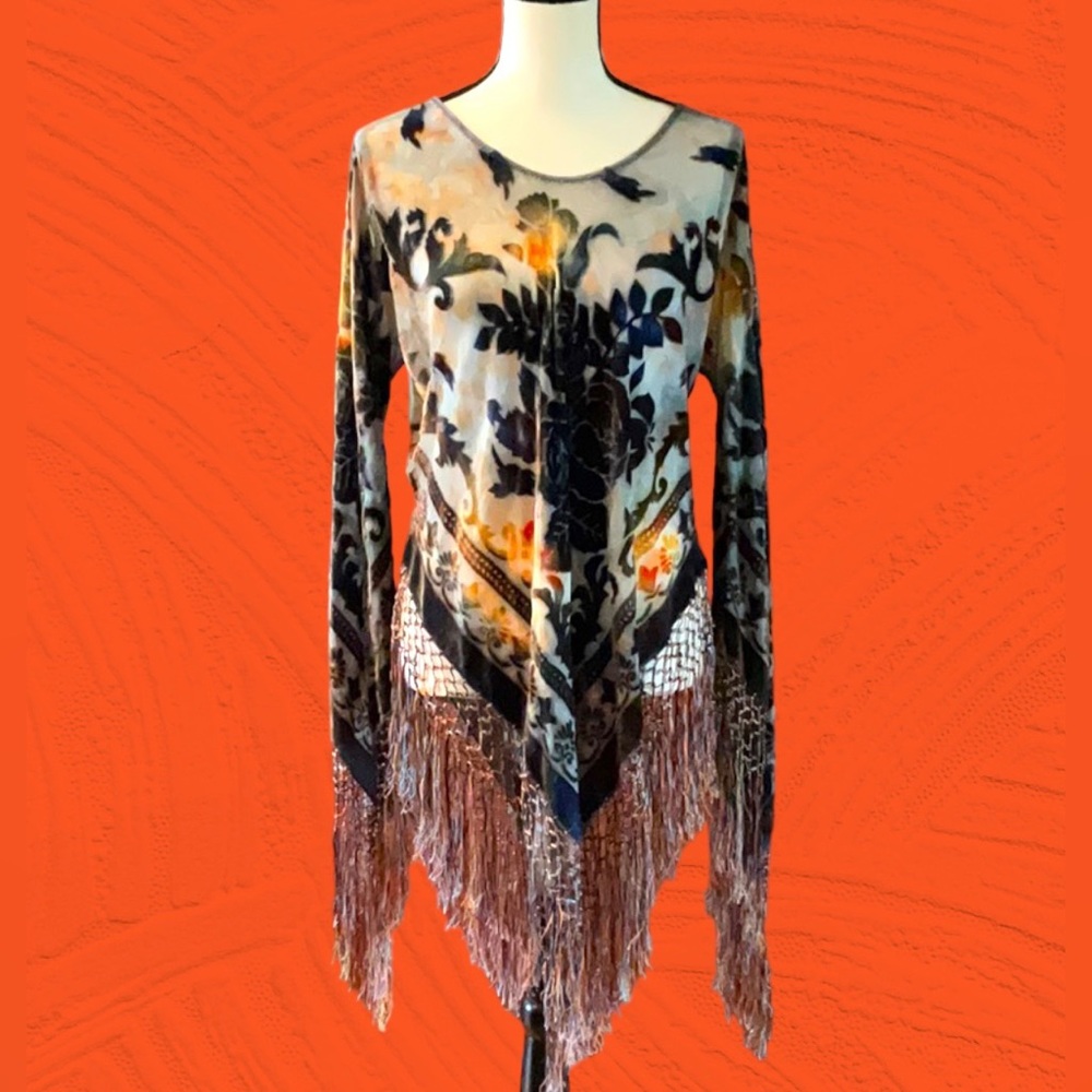 Velvet Semi Sheer fringed pullover tunic top  One Sz